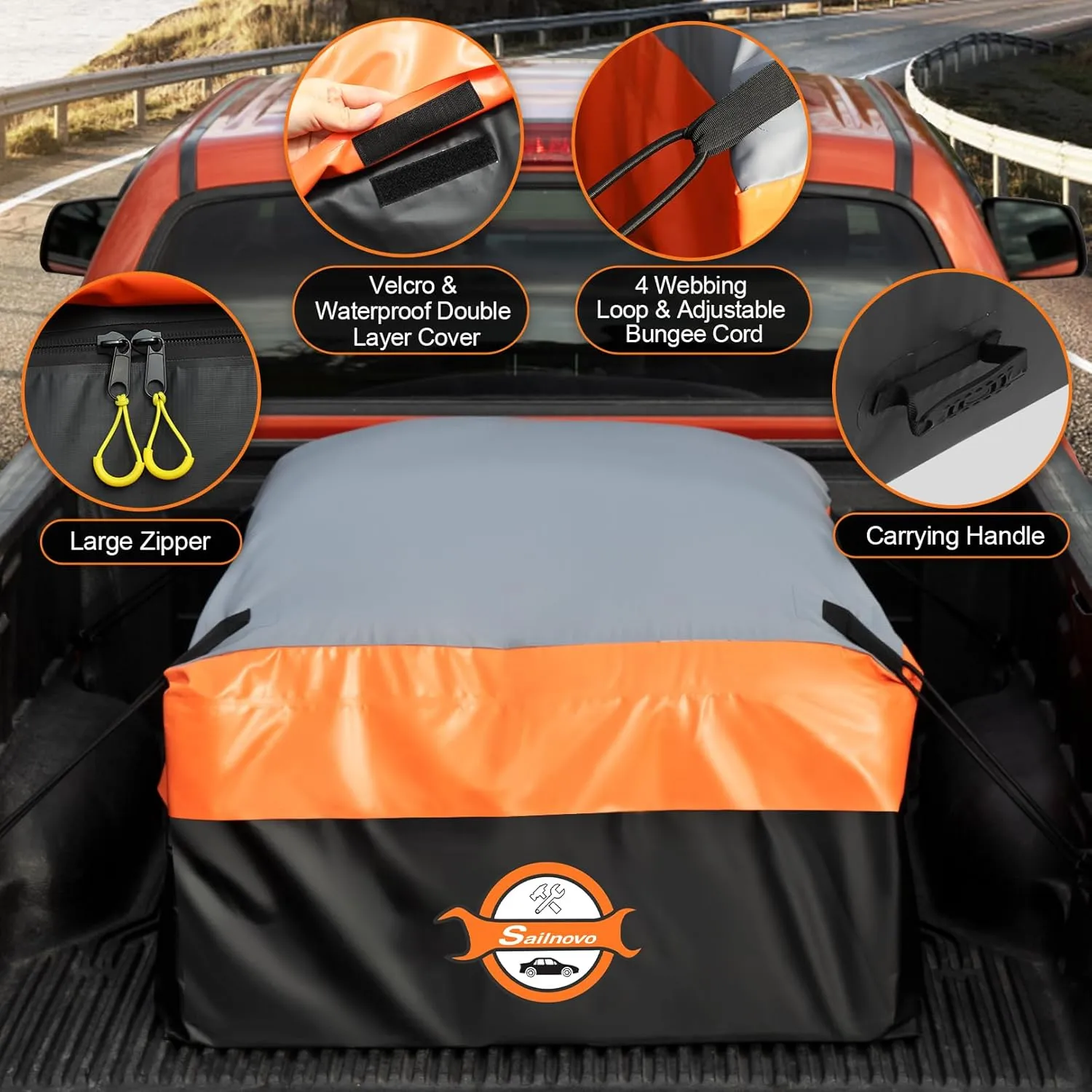 Sailnovo Truck Bed Cargo Bag, 26 Cubic ft 100% Waterproof Cargo Bag for Truck Bed, Heavy Duty PVC Truck Cargo Bag Fits Any Truck Size with 4 Stretch Cord, Packing Bag (50''x40''x22'')