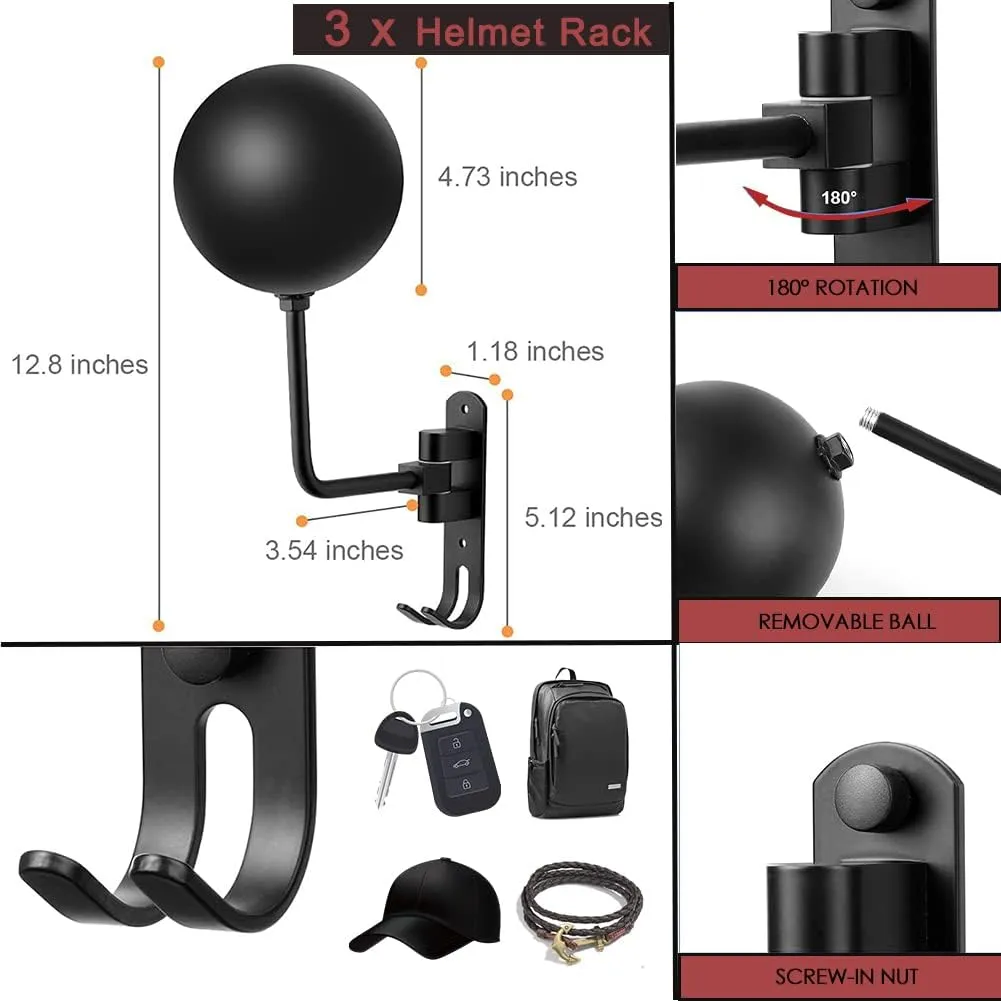 SANGMO 3 Pack 180° Motorcycle Helmet Rack, Rotation Metal Helmet Holder Wall Mount, Helmet Holder Bike with 2 Hooks Helmet Hanger for Motorcycle Bike Coats, Caps, Baseballs, Rugby Helmet(3 Pack)