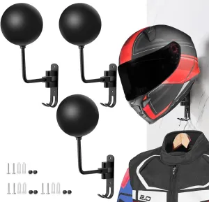 SANGMO 3 Pack 180° Motorcycle Helmet Rack, Rotation Metal Helmet Holder Wall Mount, Helmet Holder Bike with 2 Hooks Helmet Hanger for Motorcycle Bike Coats, Caps, Baseballs, Rugby Helmet(3 Pack)