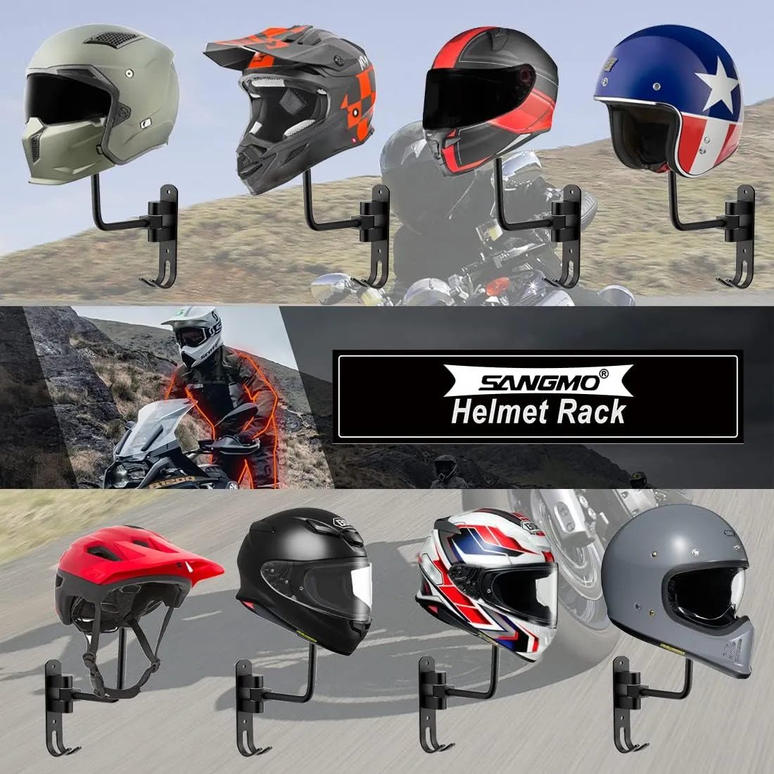 SANGMO 3 Pack 180° Motorcycle Helmet Rack, Rotation Metal Helmet Holder Wall Mount, Helmet Holder Bike with 2 Hooks Helmet Hanger for Motorcycle Bike Coats, Caps, Baseballs, Rugby Helmet(3 Pack)