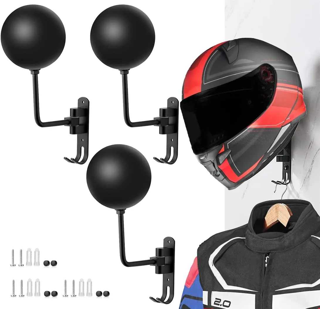 SANGMO 3 Pack 180° Motorcycle Helmet Rack, Rotation Metal Helmet Holder Wall Mount, Helmet Holder Bike with 2 Hooks Helmet Hanger for Motorcycle Bike Coats, Caps, Baseballs, Rugby Helmet(3 Pack)