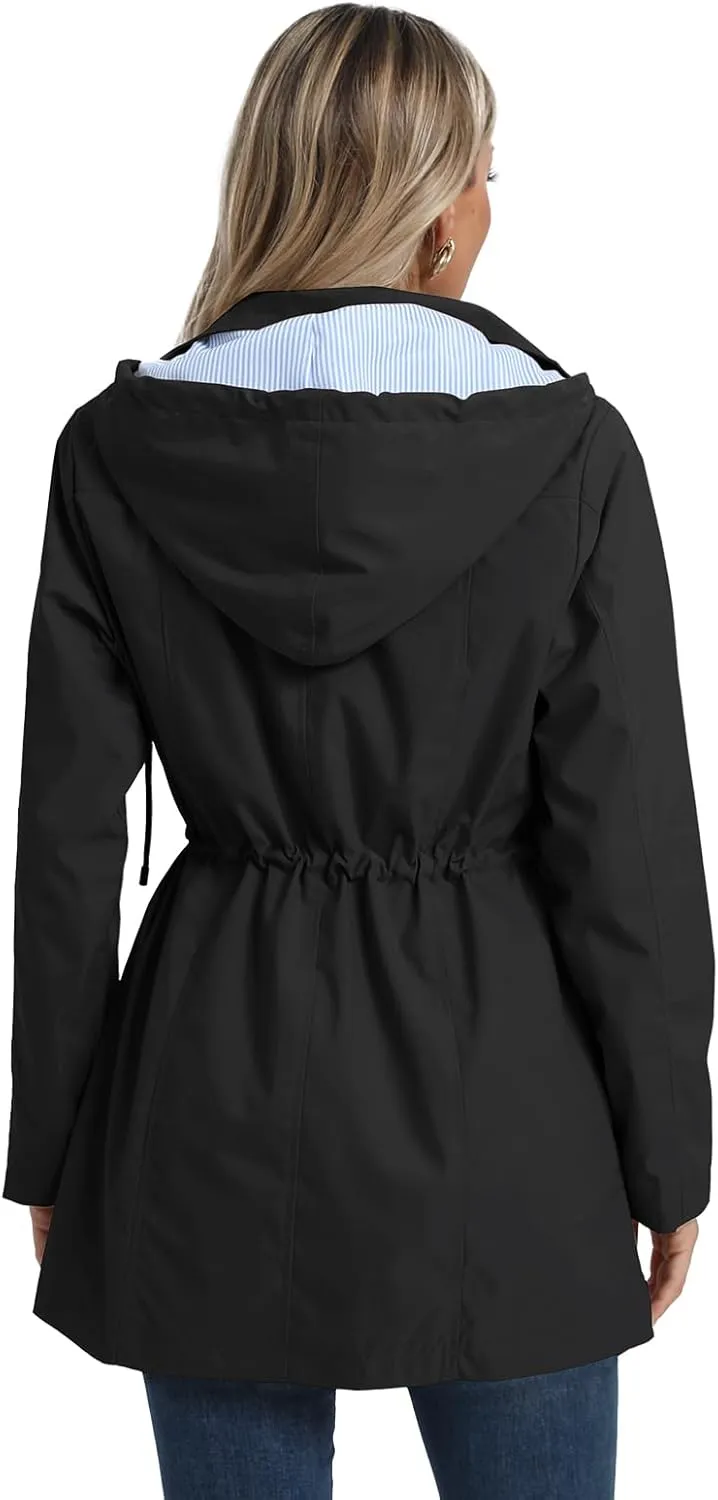 SaphiRose Women's Long Rain Jacket Waterproof Rain Coat with Hood Outdoor Light Raincoats Windbreaker