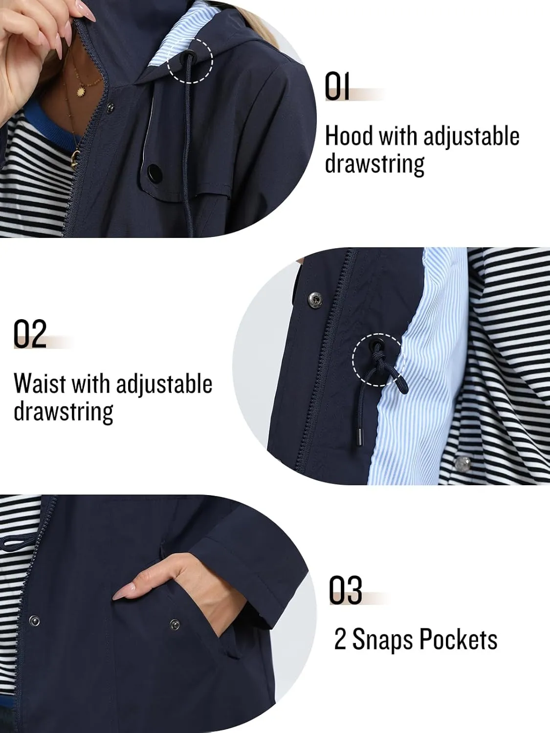 SaphiRose Women's Long Rain Jacket Waterproof Rain Coat with Hood Outdoor Light Raincoats Windbreaker