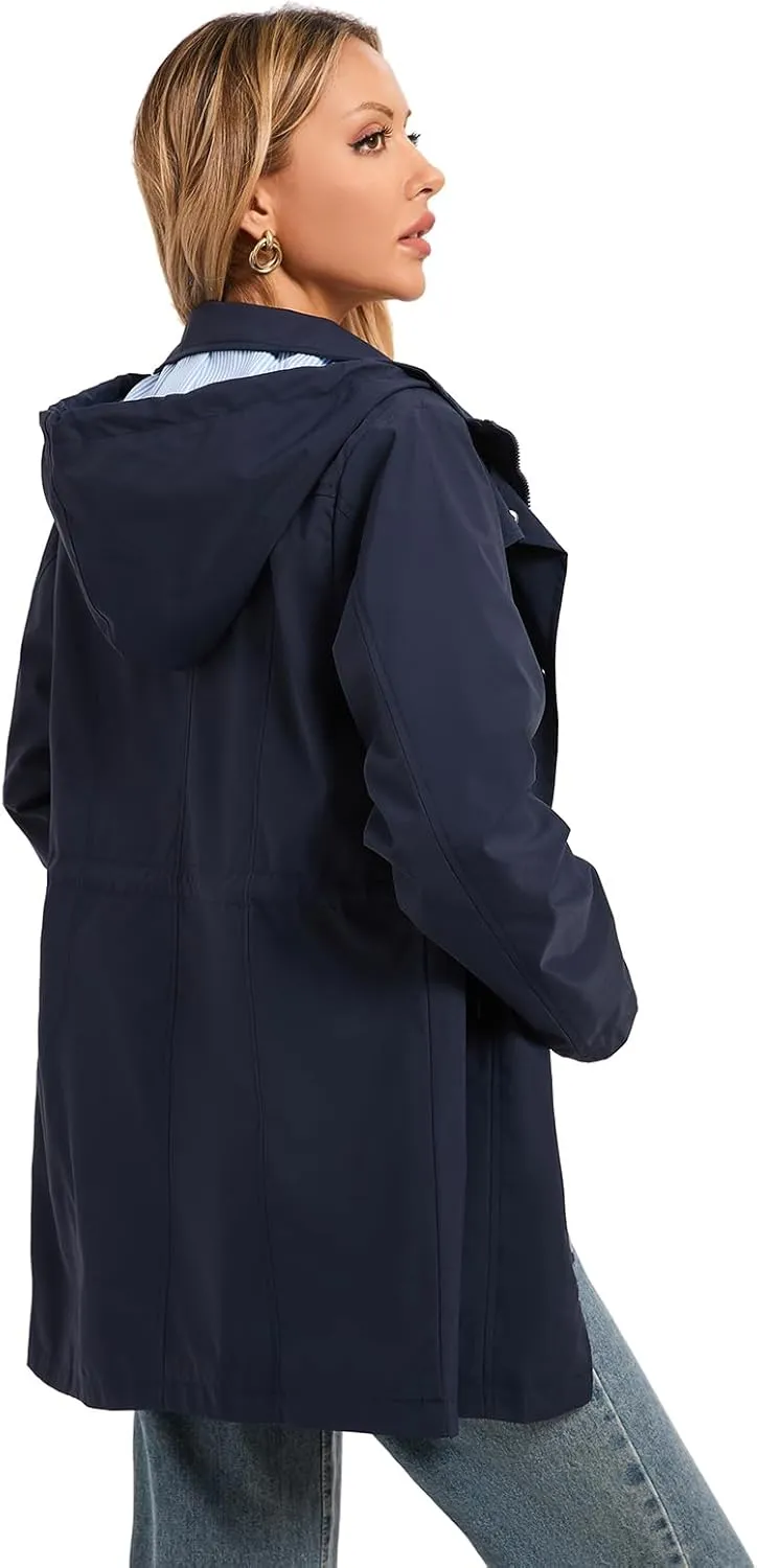 SaphiRose Women's Long Rain Jacket Waterproof Rain Coat with Hood Outdoor Light Raincoats Windbreaker