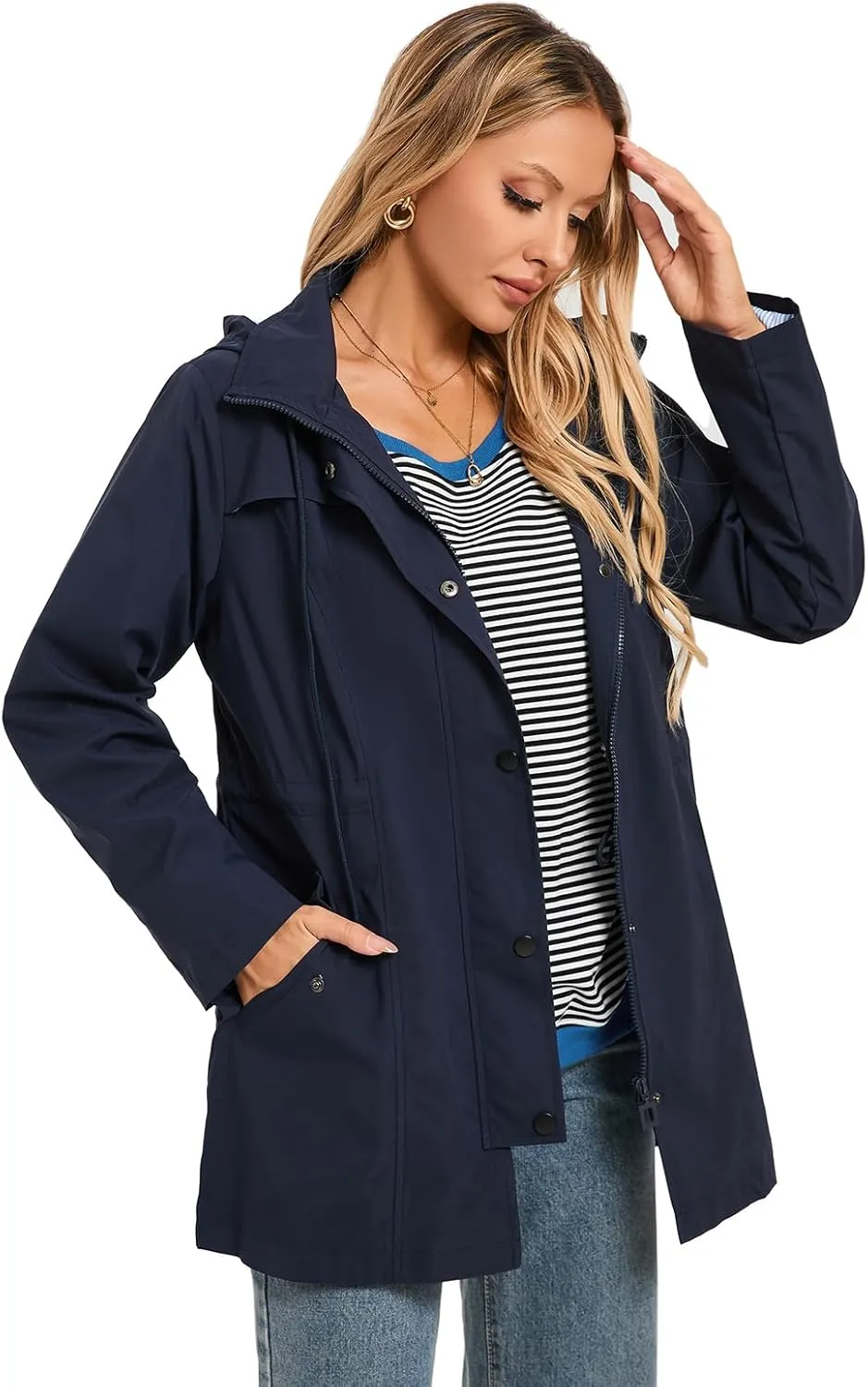 SaphiRose Women's Long Rain Jacket Waterproof Rain Coat with Hood Outdoor Light Raincoats Windbreaker
