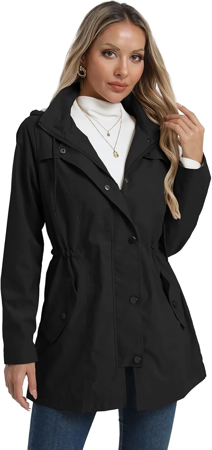 SaphiRose Women's Long Rain Jacket Waterproof Rain Coat with Hood Outdoor Light Raincoats Windbreaker