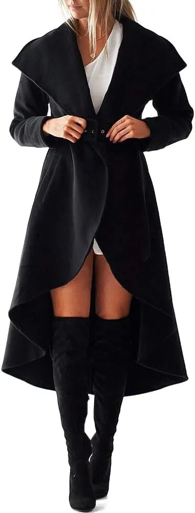 SAUKOLE Women's Winter Wool Trench Coat Wrap Large Collar High Low Jacket Outwear with Belt