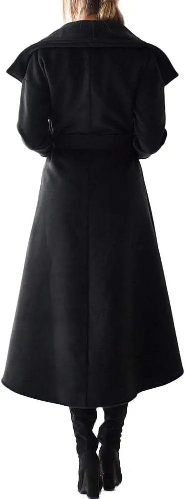SAUKOLE Women's Winter Wool Trench Coat Wrap Large Collar High Low Jacket Outwear with Belt