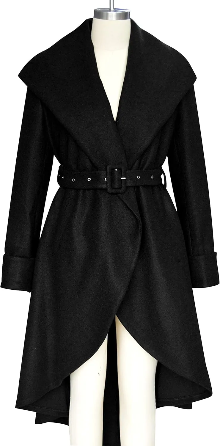 SAUKOLE Women's Winter Wool Trench Coat Wrap Large Collar High Low Jacket Outwear with Belt