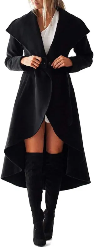 SAUKOLE Women's Winter Wool Trench Coat Wrap Large Collar High Low Jacket Outwear with Belt