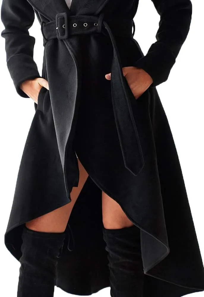 SAUKOLE Women's Winter Wool Trench Coat Wrap Large Collar High Low Jacket Outwear with Belt