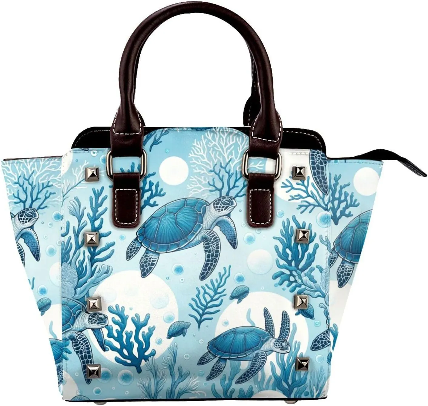 Save-Sea-Turtle-Blue Pu Leather Crossbody Studded Bag, Fashionable Shoulder Handbag With Detachable Shoulder Strap