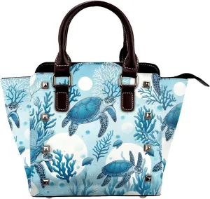 Save-Sea-Turtle-Blue Pu Leather Crossbody Studded Bag, Fashionable Shoulder Handbag With Detachable Shoulder Strap