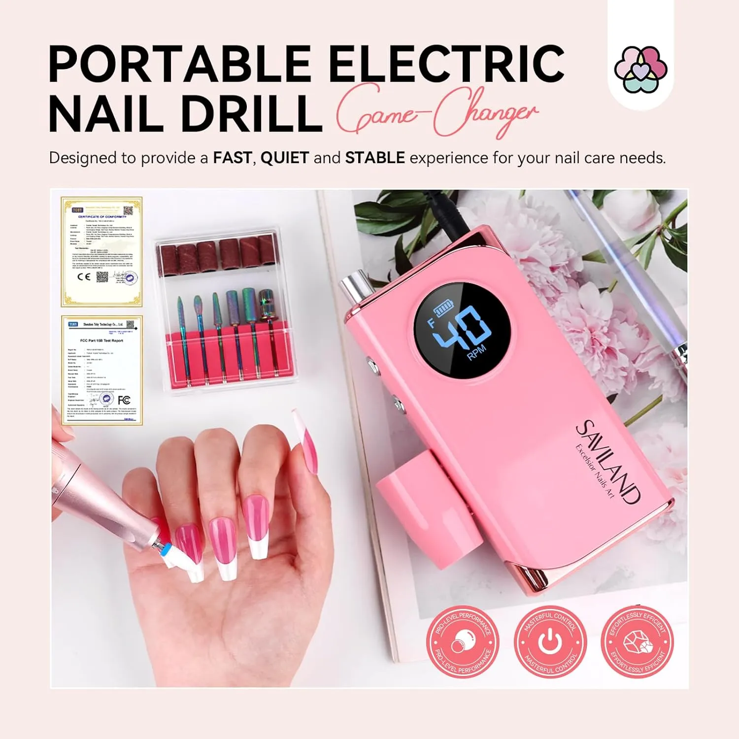 SAVILAND Electric Nail Drill Professional: 40000RPM Pink Nail Filer Electric Manicure Pedicure 13 Nail Drill Bits for Acrylic Nails False Nails Gel Nails Dip Nail Artificial Nails Home Salon