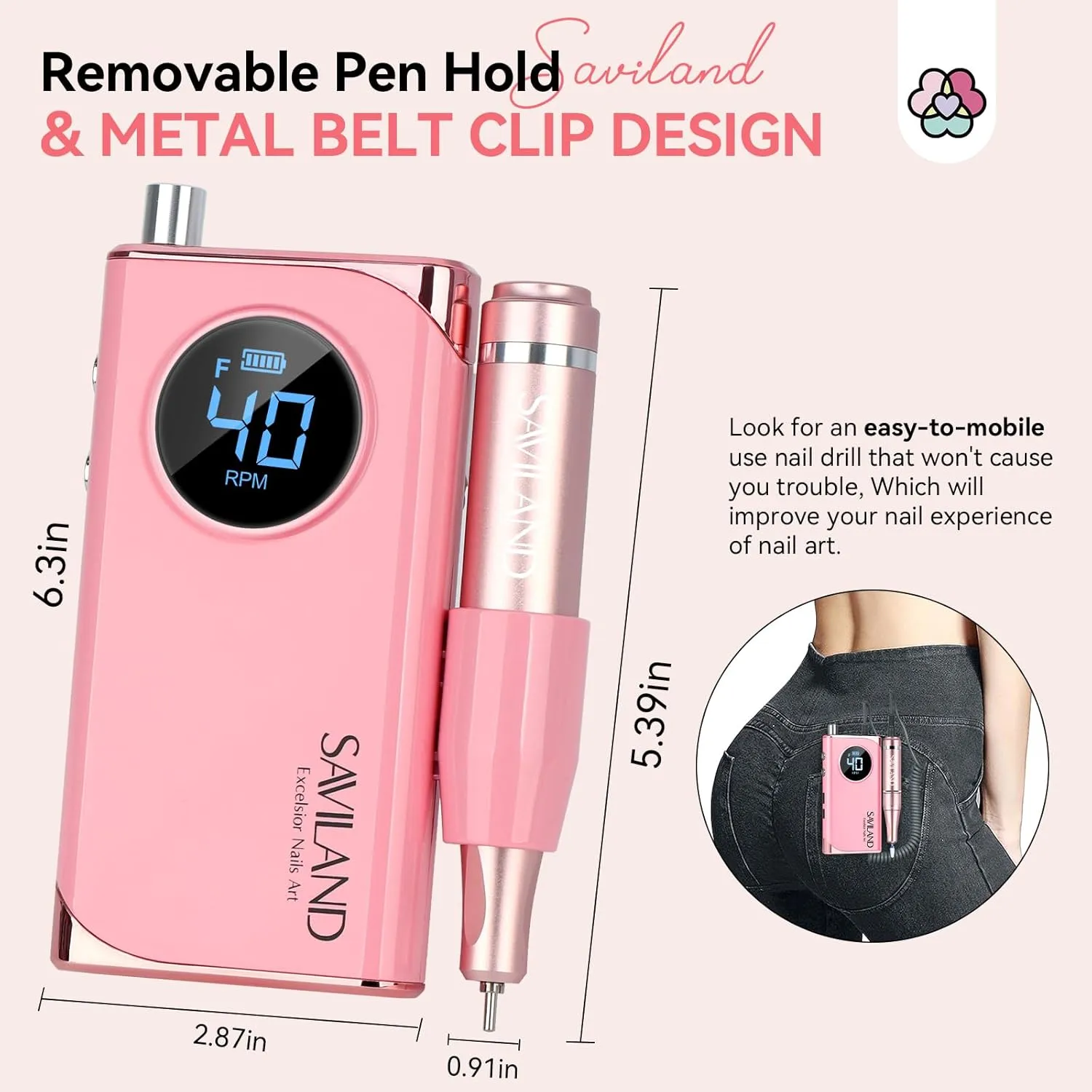 SAVILAND Electric Nail Drill Professional: 40000RPM Pink Nail Filer Electric Manicure Pedicure 13 Nail Drill Bits for Acrylic Nails False Nails Gel Nails Dip Nail Artificial Nails Home Salon