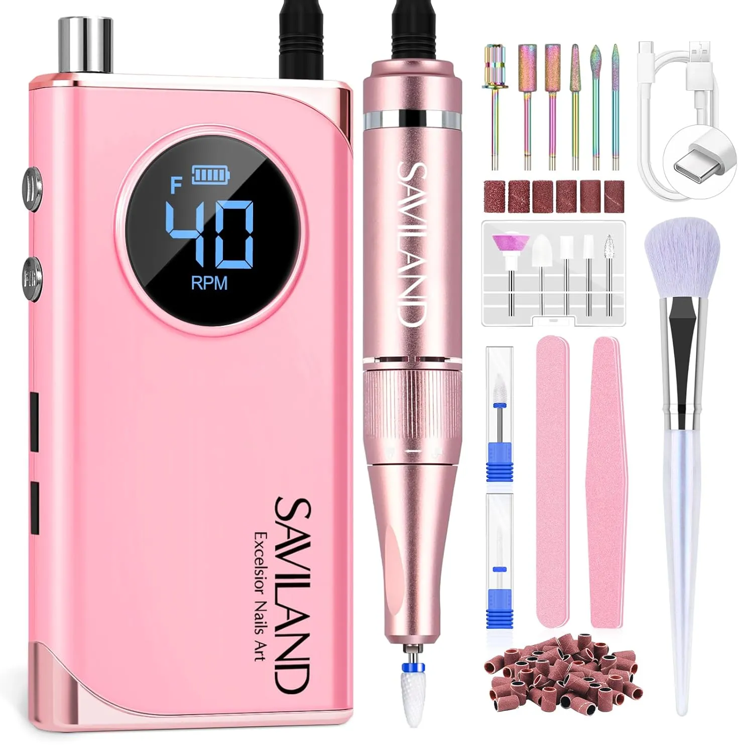 SAVILAND Electric Nail Drill Professional: 40000RPM Pink Nail Filer Electric Manicure Pedicure 13 Nail Drill Bits for Acrylic Nails False Nails Gel Nails Dip Nail Artificial Nails Home Salon