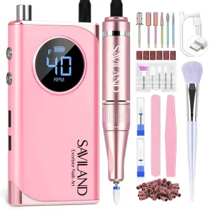 SAVILAND Electric Nail Drill Professional: 40000RPM Pink Nail Filer Electric Manicure Pedicure 13 Nail Drill Bits for Acrylic Nails False Nails Gel Nails Dip Nail Artificial Nails Home Salon