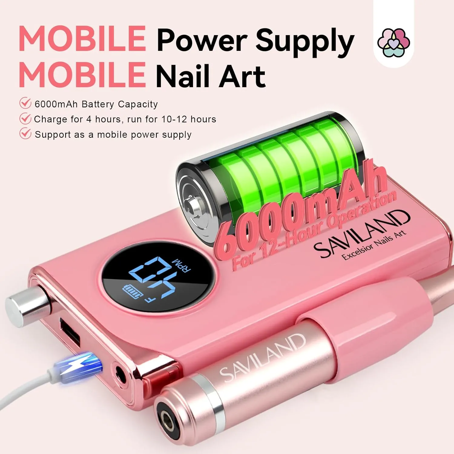 SAVILAND Electric Nail Drill Professional: 40000RPM Pink Nail Filer Electric Manicure Pedicure 13 Nail Drill Bits for Acrylic Nails False Nails Gel Nails Dip Nail Artificial Nails Home Salon