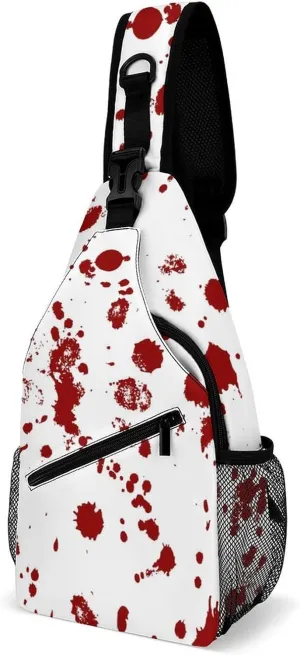 Scary Blood Splash Red Sling Bag Crossbody for Women Men Lightweight Adjustable Extender Strap Shoulder Backpack with Water Bottle Holder Casual Daypack for Hiking Travel