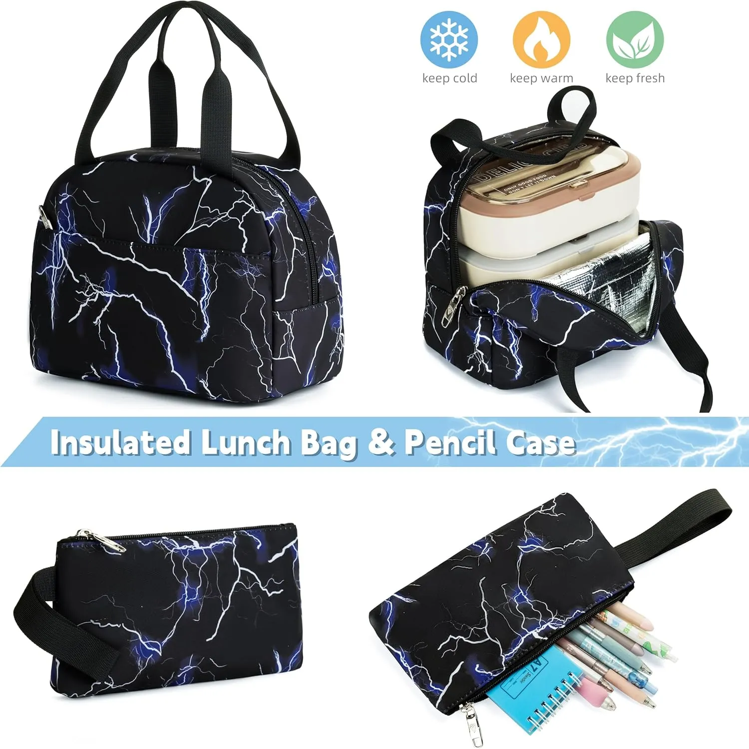 School Backpack Set For Girls Boys College Bookbag Laptop Backpacks 3PCS Kids Elementary Middle Schoolbag With Lunch Bag Casual Travel Daypack For Teens Students Women Men-Lightning Blue