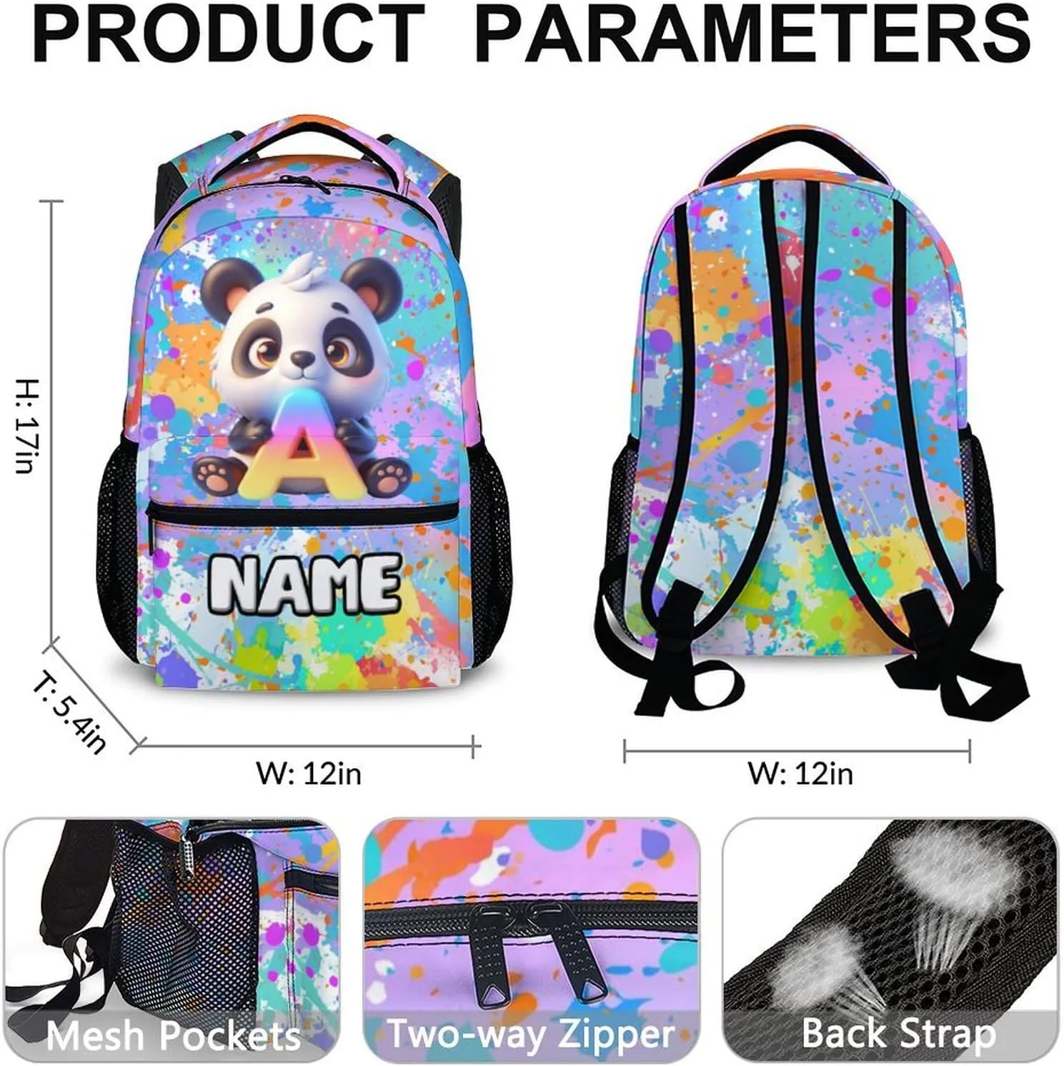 School Backpacks for Girls, Custom Kids Panda Backpack, Personalized Name Monogram Bookbag for Students Children, 17 Inch Back to School Essentials for Kids Age 3-10