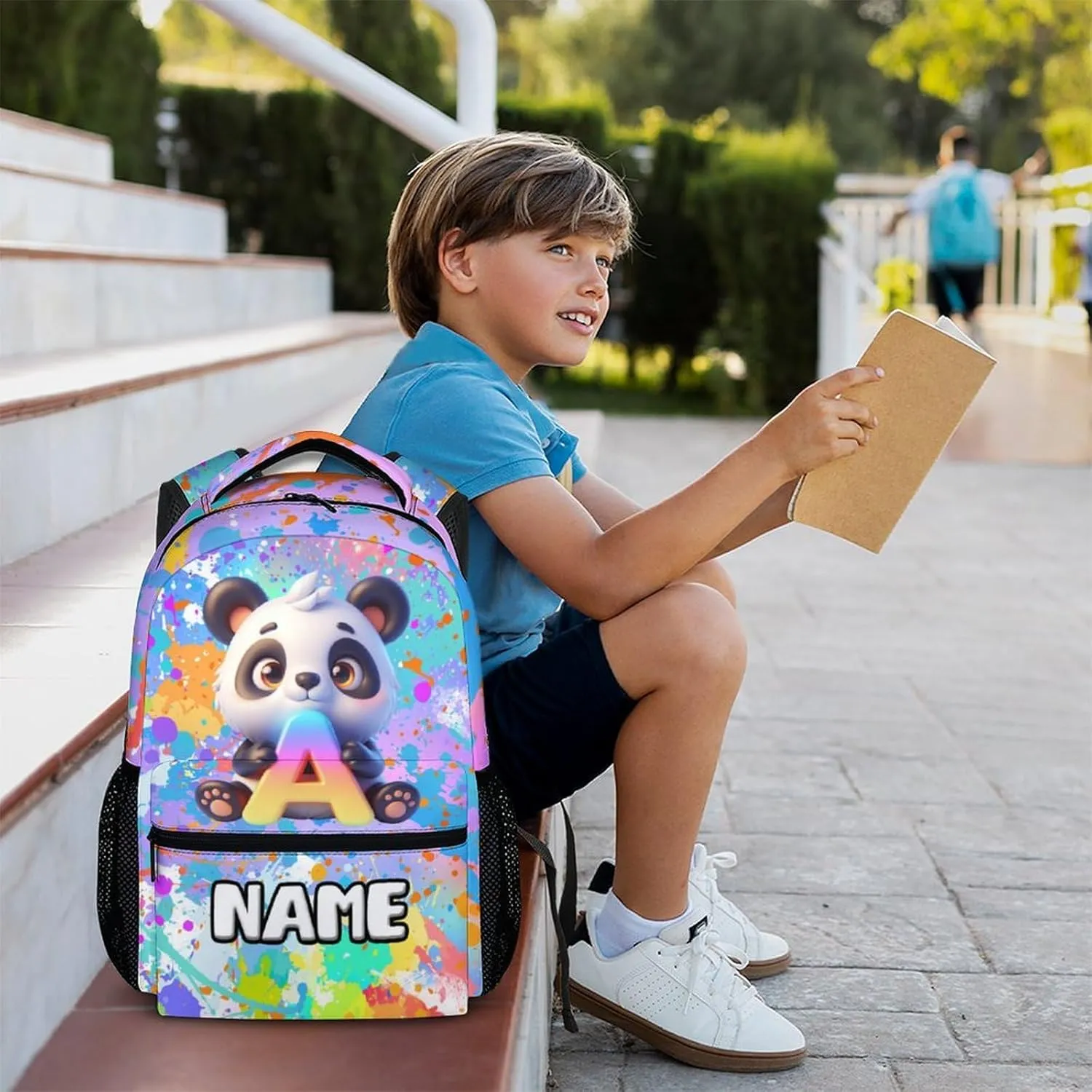 School Backpacks for Girls, Custom Kids Panda Backpack, Personalized Name Monogram Bookbag for Students Children, 17 Inch Back to School Essentials for Kids Age 3-10