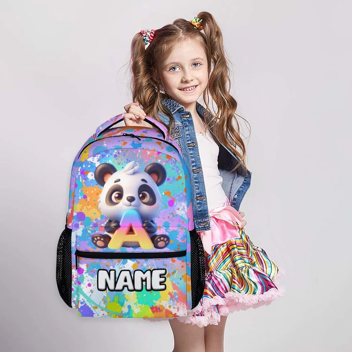 School Backpacks for Girls, Custom Kids Panda Backpack, Personalized Name Monogram Bookbag for Students Children, 17 Inch Back to School Essentials for Kids Age 3-10