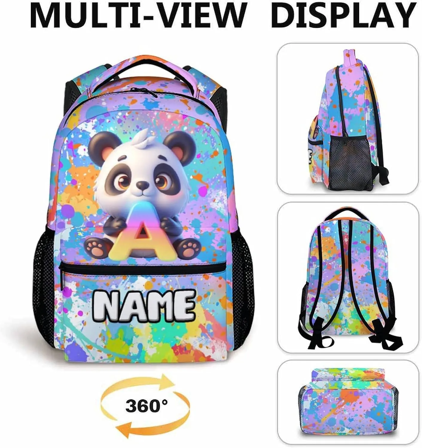 School Backpacks for Girls, Custom Kids Panda Backpack, Personalized Name Monogram Bookbag for Students Children, 17 Inch Back to School Essentials for Kids Age 3-10