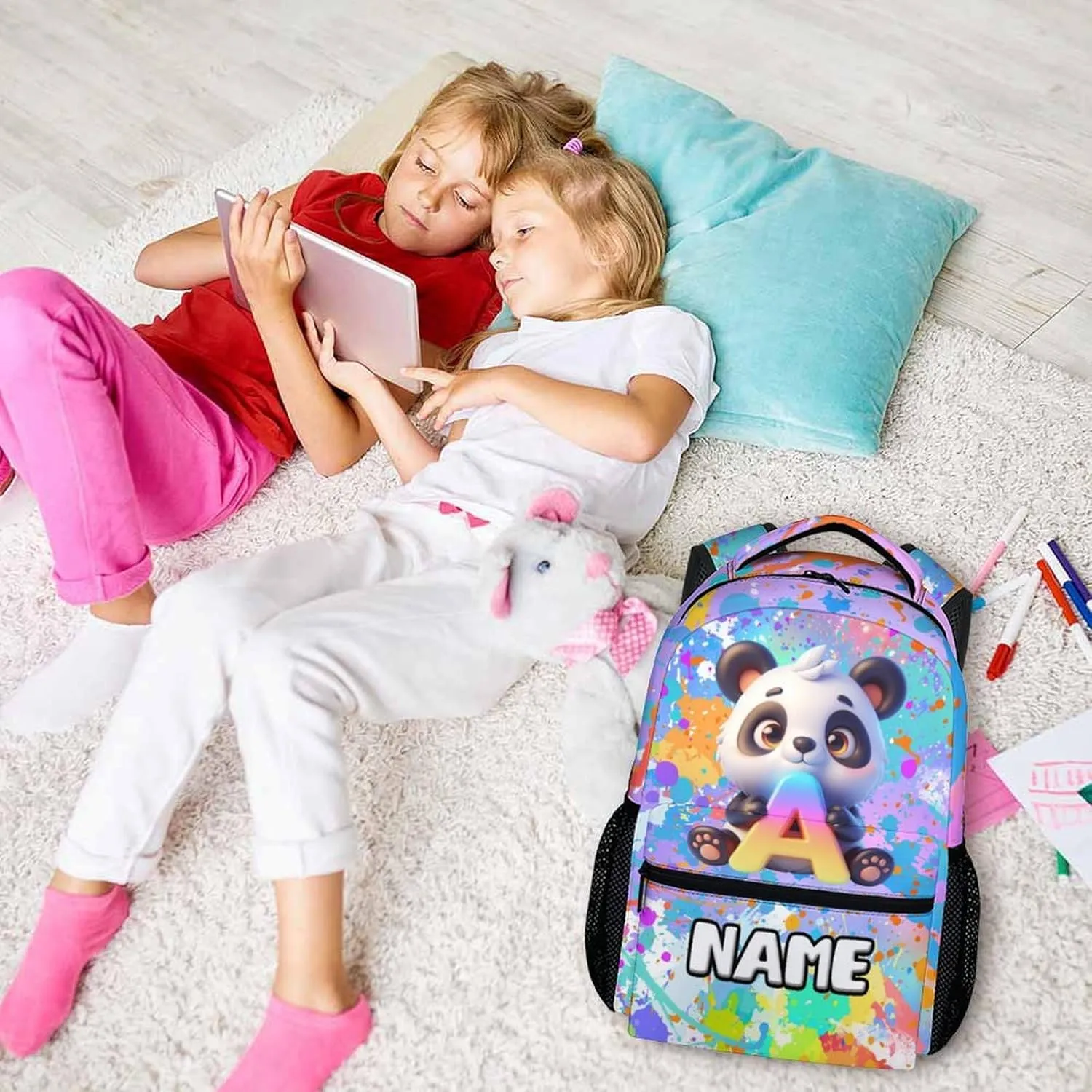 School Backpacks for Girls, Custom Kids Panda Backpack, Personalized Name Monogram Bookbag for Students Children, 17 Inch Back to School Essentials for Kids Age 3-10