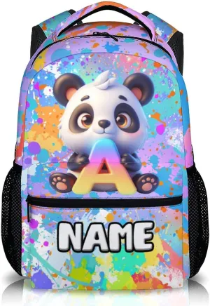 School Backpacks for Girls, Custom Kids Panda Backpack, Personalized Name Monogram Bookbag for Students Children, 17 Inch Back to School Essentials for Kids Age 3-10