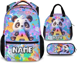 School Backpacks for Girls, Custom Panda Backpack Set for Kids, Personalized Name Monogram Bookbag with Lunchbox for Students Children, Back to School Essentials for Camping, Travel