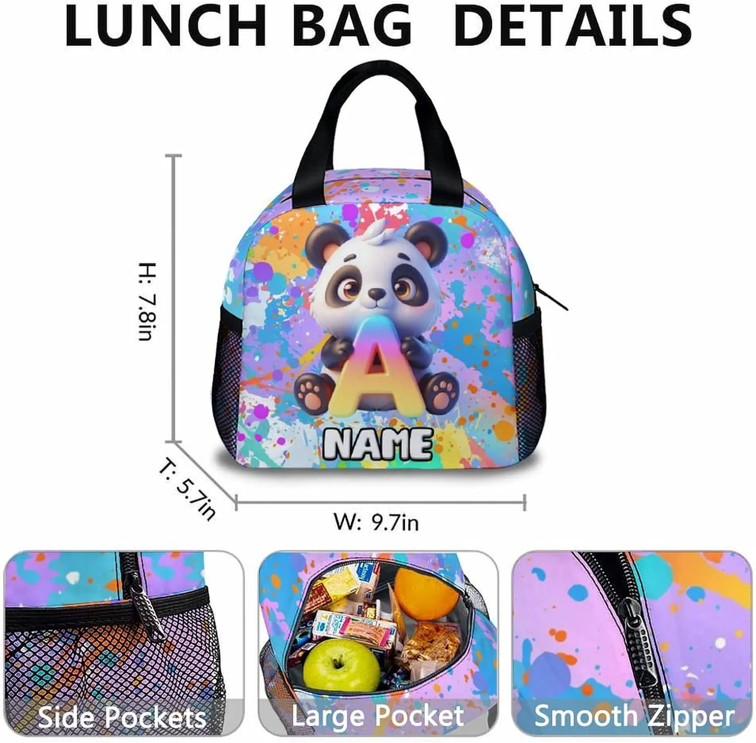 School Backpacks for Girls, Custom Panda Backpack Set for Kids, Personalized Name Monogram Bookbag with Lunchbox for Students Children, Back to School Essentials for Camping, Travel