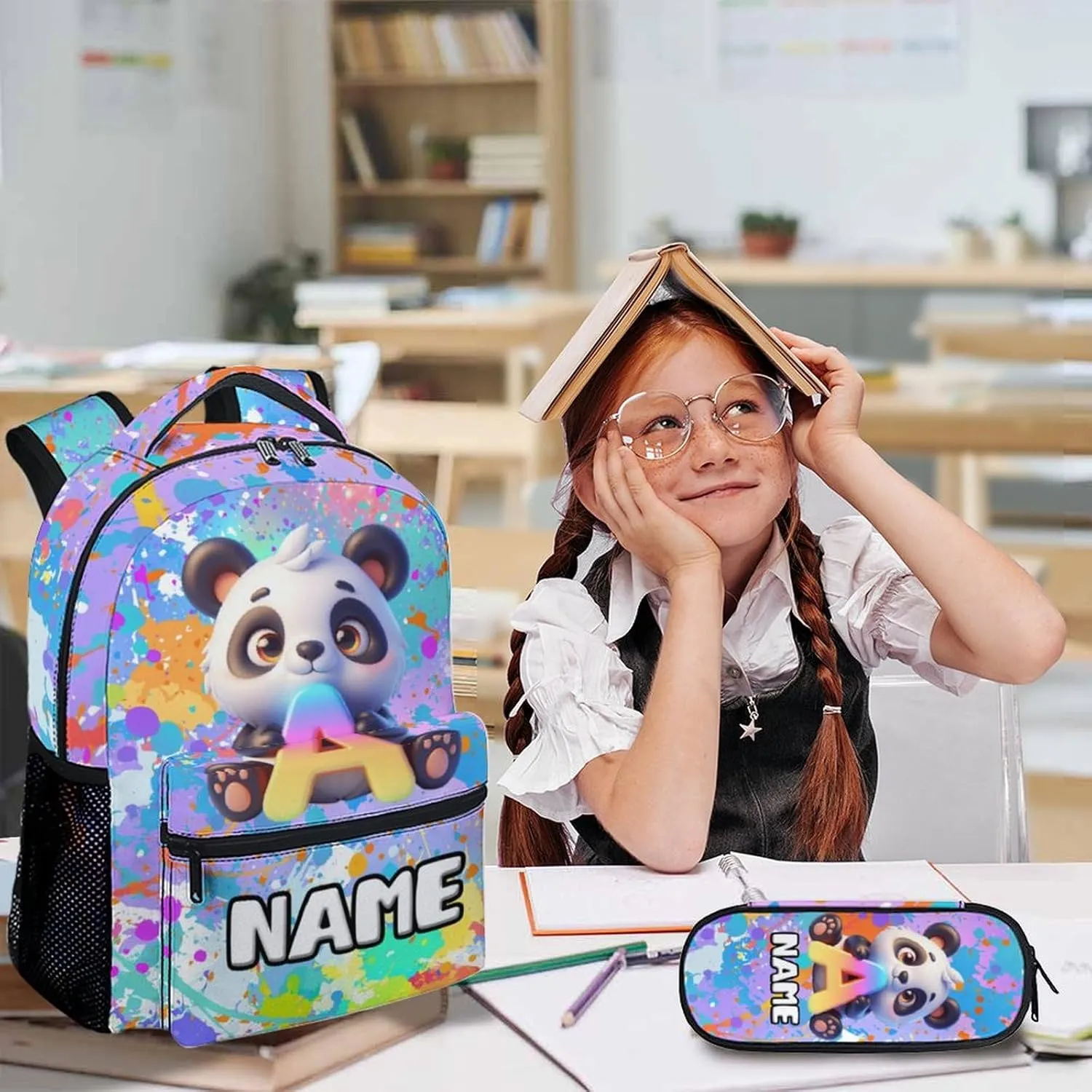 School Backpacks for Girls, Custom Panda Backpack Set for Kids, Personalized Name Monogram Bookbag with Lunchbox for Students Children, Back to School Essentials for Camping, Travel