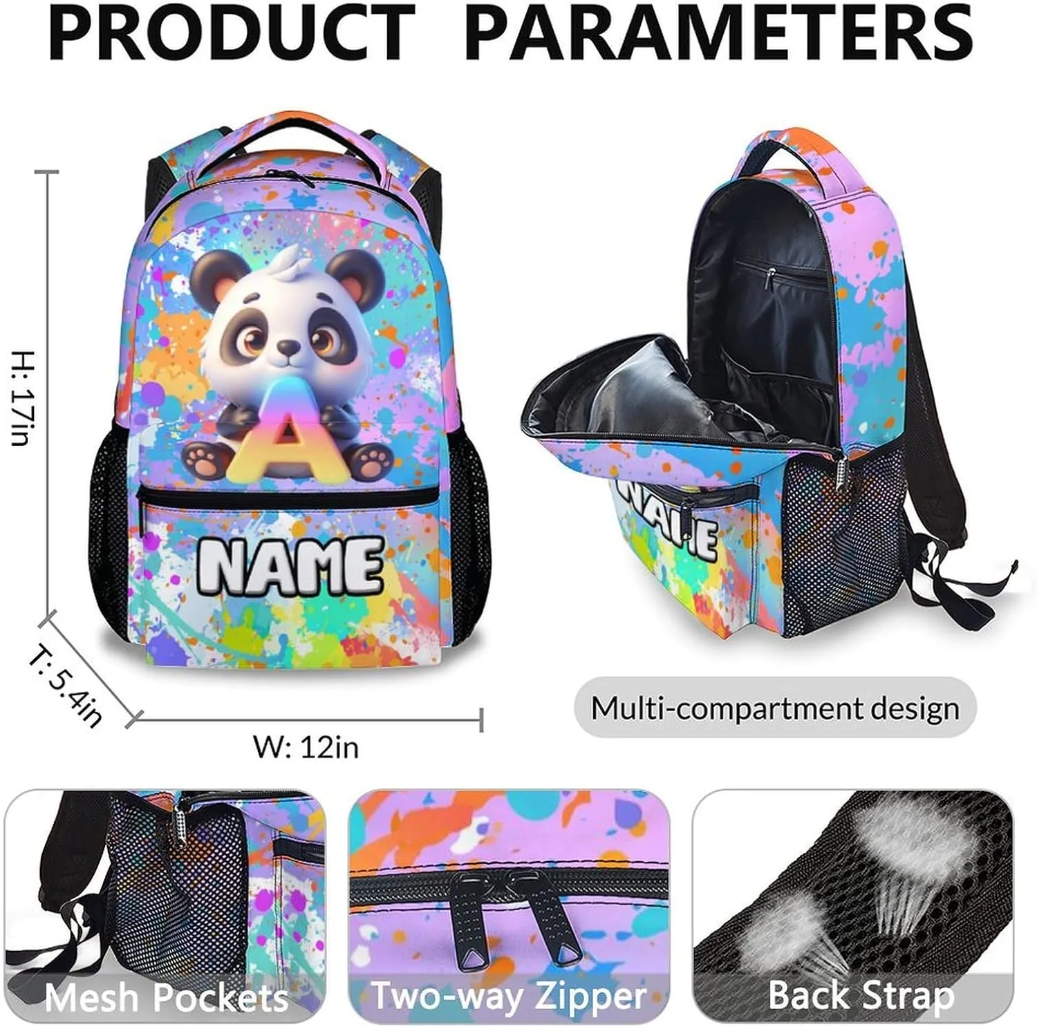 School Backpacks for Girls, Custom Panda Backpack Set for Kids, Personalized Name Monogram Bookbag with Lunchbox for Students Children, Back to School Essentials for Camping, Travel
