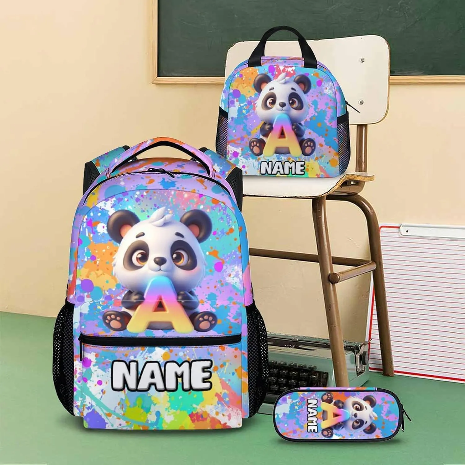 School Backpacks for Girls, Custom Panda Backpack Set for Kids, Personalized Name Monogram Bookbag with Lunchbox for Students Children, Back to School Essentials for Camping, Travel