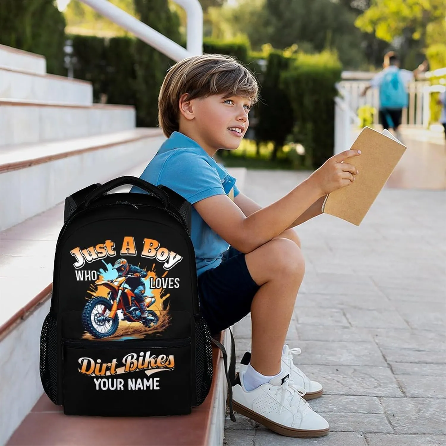 School Backpacks Gifts for Kids Boys - Custom Name 17 Inches Dirt Bike Lightweight Bookbag for Teens Children - Bike Backpack for Primary Elementary Middle School Supplies