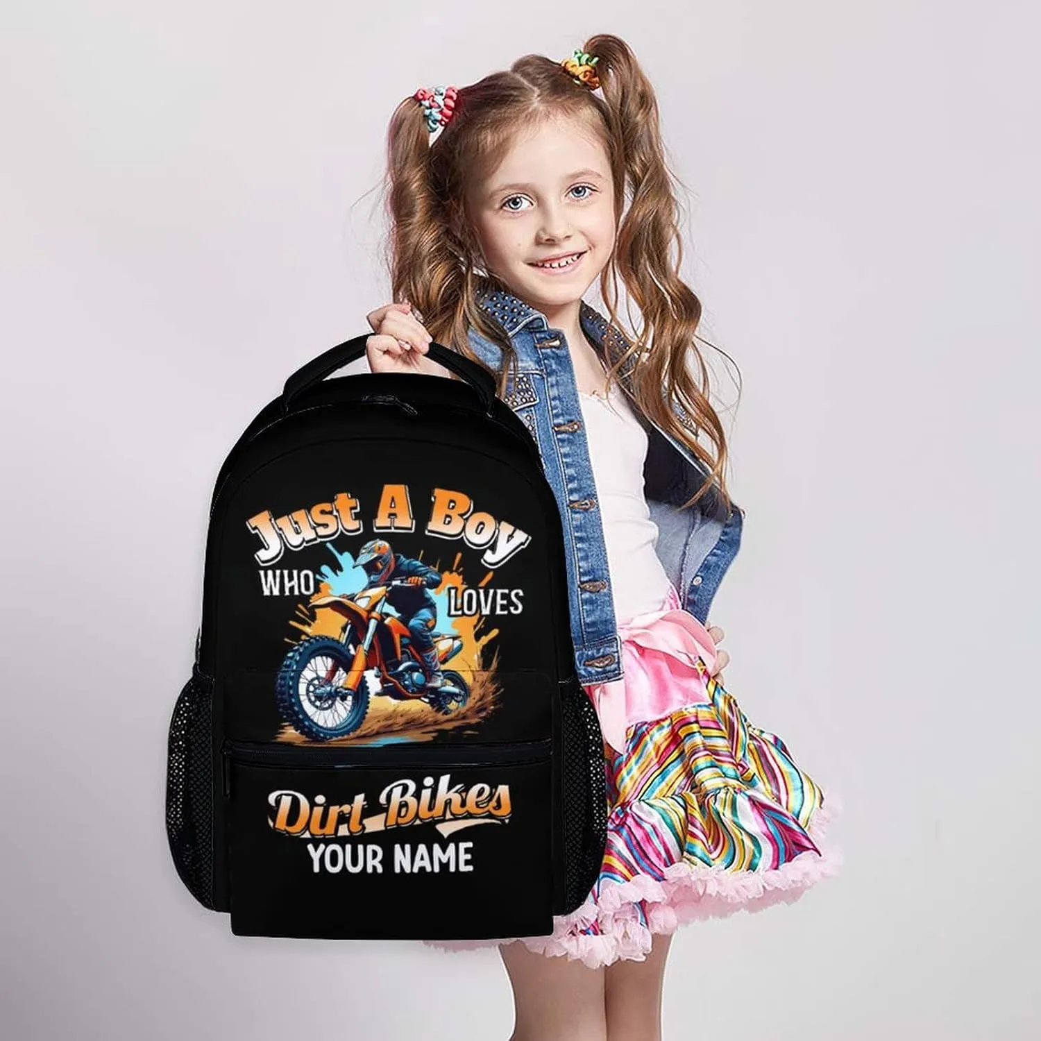 School Backpacks Gifts for Kids Boys - Custom Name 17 Inches Dirt Bike Lightweight Bookbag for Teens Children - Bike Backpack for Primary Elementary Middle School Supplies