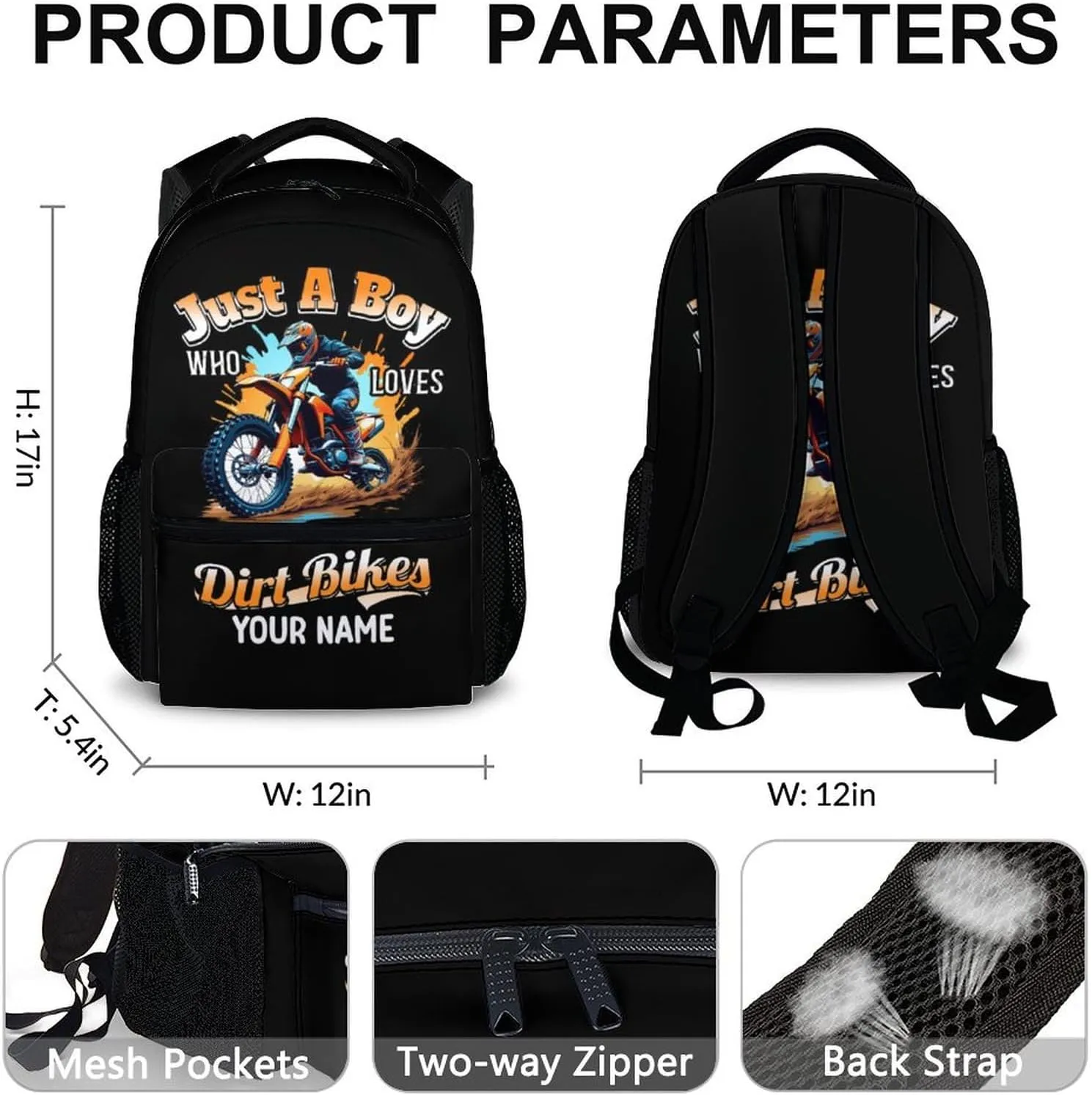School Backpacks Gifts for Kids Boys - Custom Name 17 Inches Dirt Bike Lightweight Bookbag for Teens Children - Bike Backpack for Primary Elementary Middle School Supplies