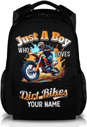 School Backpacks Gifts for Kids Boys - Custom Name 17 Inches Dirt Bike Lightweight Bookbag for Teens Children - Bike Backpack for Primary Elementary Middle School Supplies
