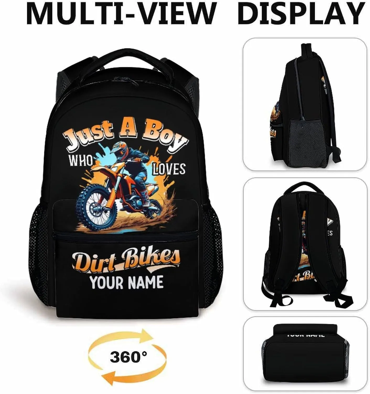 School Backpacks Gifts for Kids Boys - Custom Name 17 Inches Dirt Bike Lightweight Bookbag for Teens Children - Bike Backpack for Primary Elementary Middle School Supplies