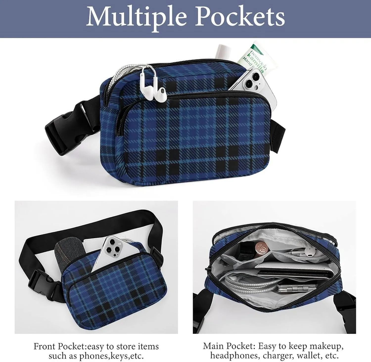 Scottish Clergy Blue Black White Tartan Full Printed Waist Bag, Large Capacity Portable Waist Bag