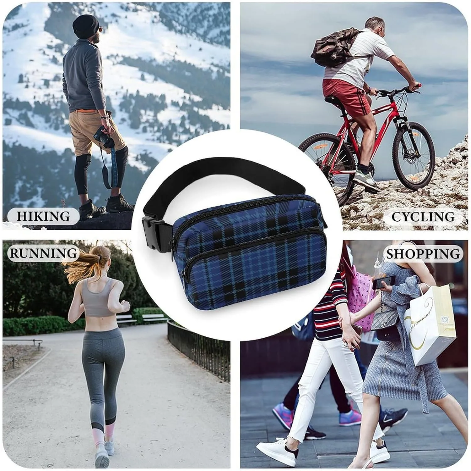 Scottish Clergy Blue Black White Tartan Full Printed Waist Bag, Large Capacity Portable Waist Bag
