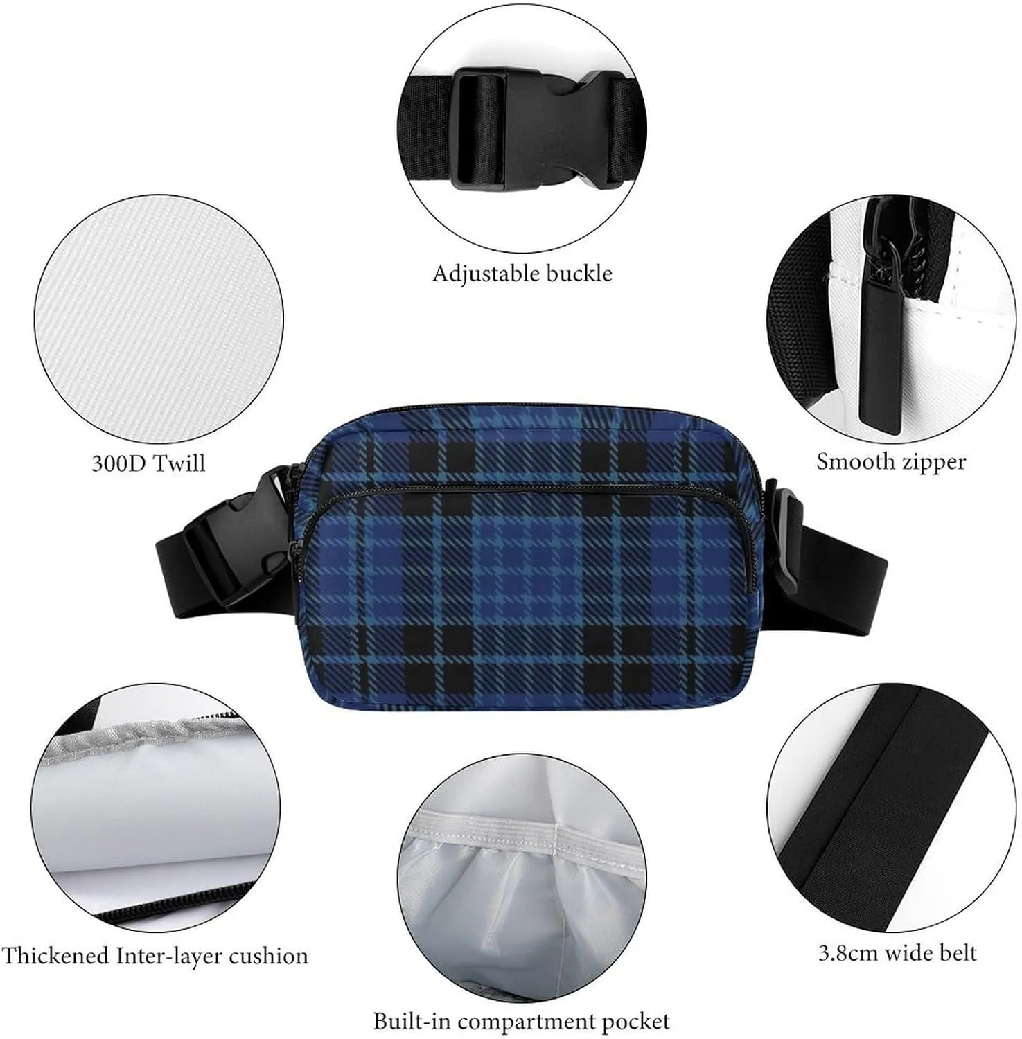 Scottish Clergy Blue Black White Tartan Full Printed Waist Bag, Large Capacity Portable Waist Bag