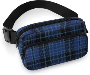 Scottish Clergy Blue Black White Tartan Full Printed Waist Bag, Large Capacity Portable Waist Bag