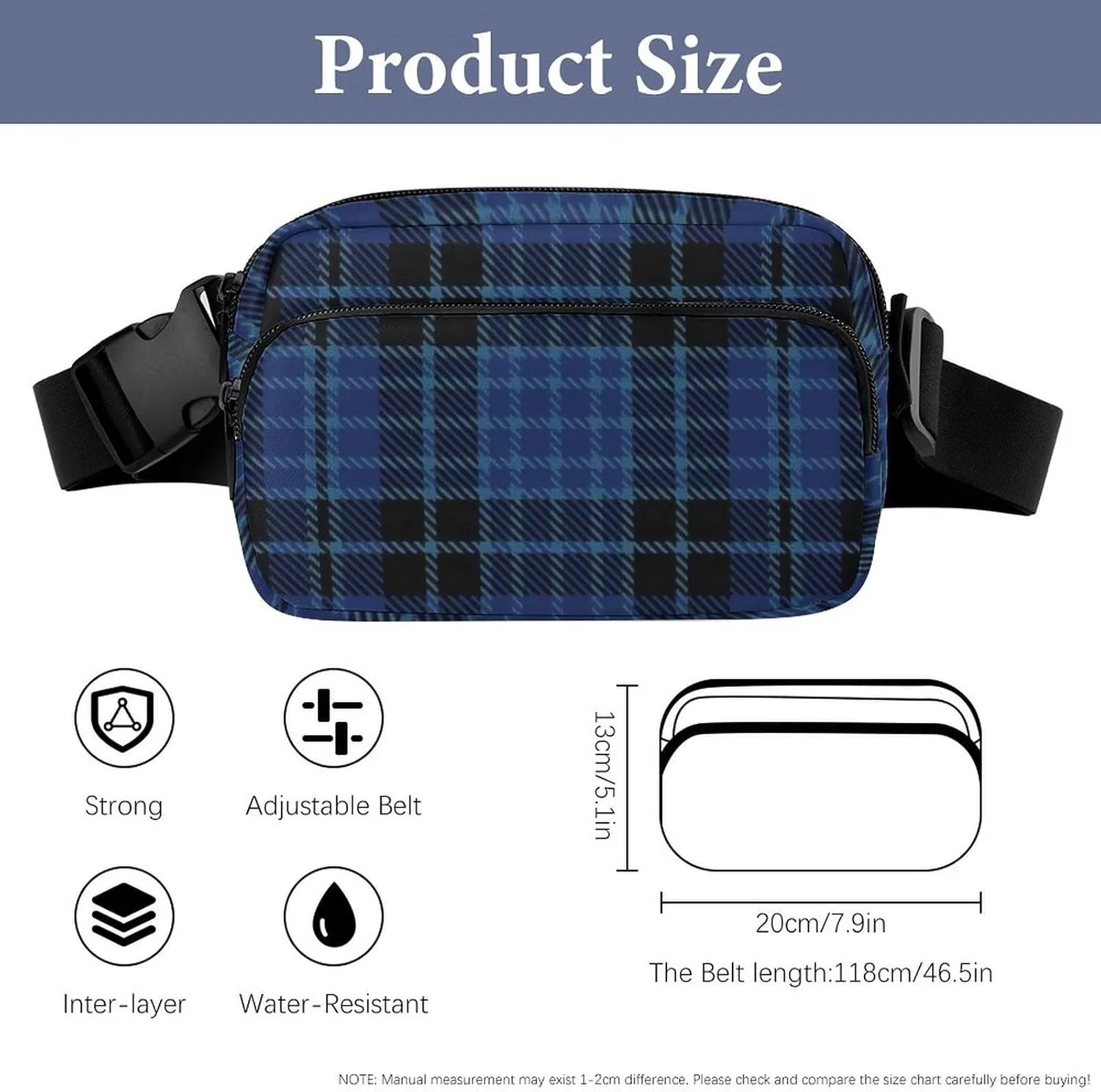 Scottish Clergy Blue Black White Tartan Full Printed Waist Bag, Large Capacity Portable Waist Bag