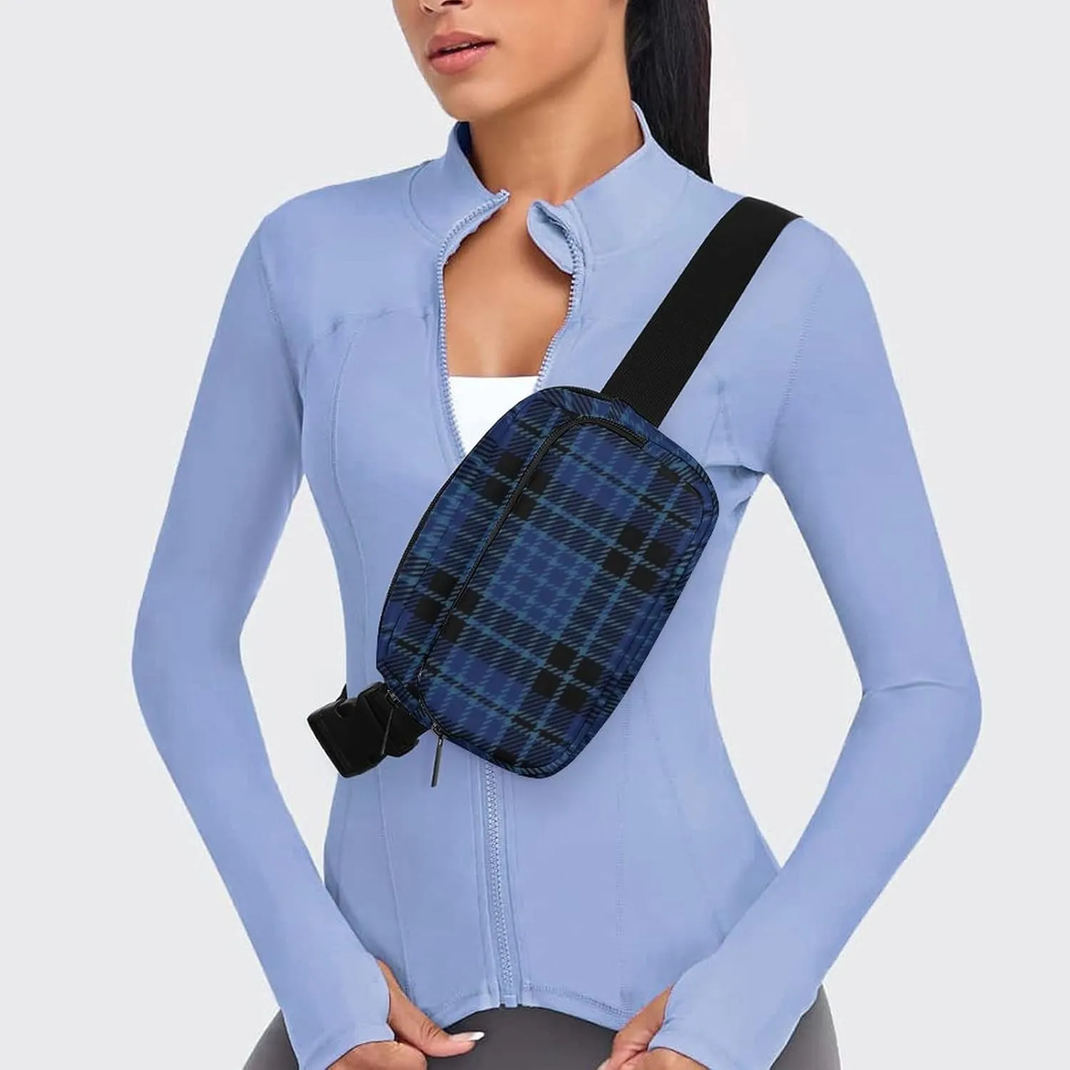 Scottish Clergy Blue Black White Tartan Full Printed Waist Bag, Large Capacity Portable Waist Bag