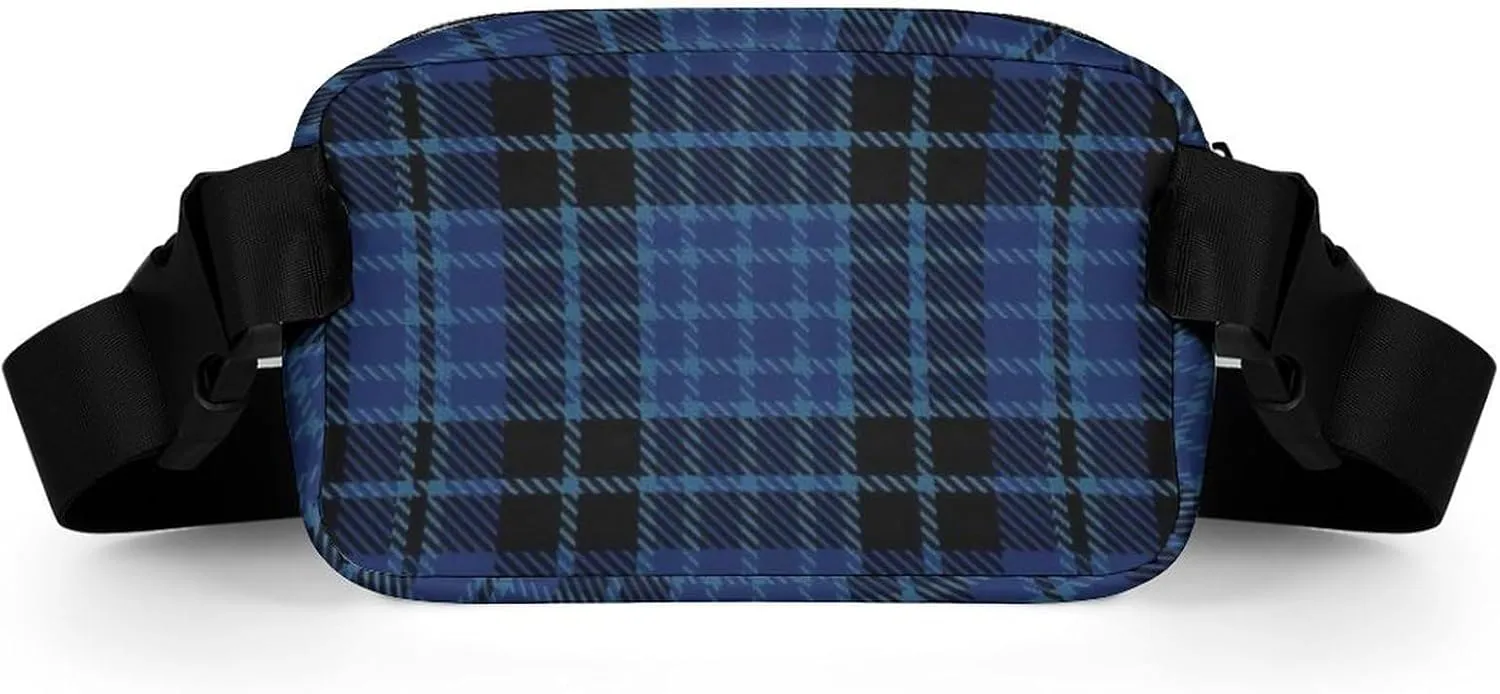 Scottish Clergy Blue Black White Tartan Full Printed Waist Bag, Large Capacity Portable Waist Bag