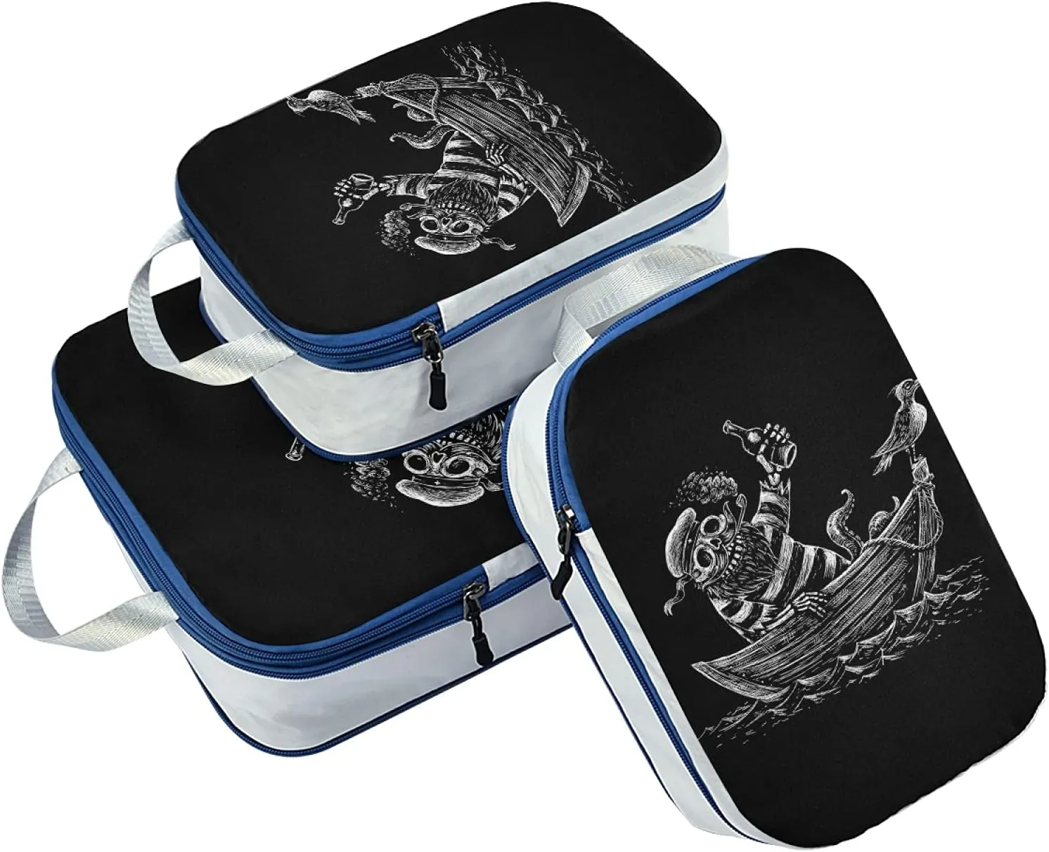 Sea Voyage Skeleton Sailor Sailing Boat Crow Black White 3 Set Packing Cubes, Travel Packing Organizers, Waterproof Check Oxford cloth Toiletry Storage Bag