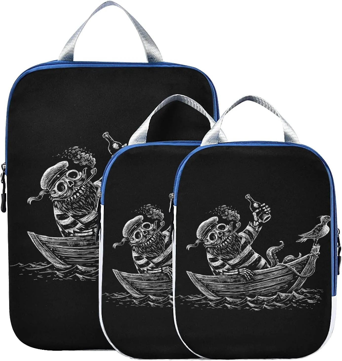 Sea Voyage Skeleton Sailor Sailing Boat Crow Black White 3 Set Packing Cubes, Travel Packing Organizers, Waterproof Check Oxford cloth Toiletry Storage Bag
