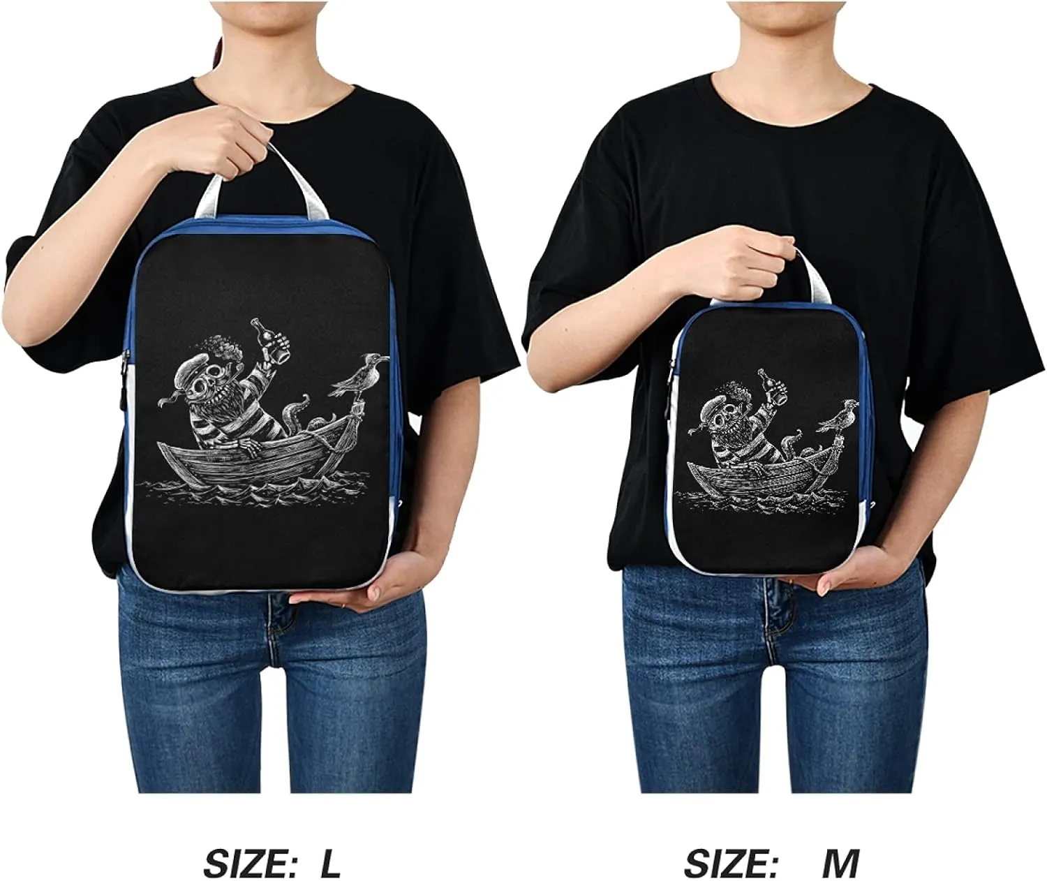 Sea Voyage Skeleton Sailor Sailing Boat Crow Black White 3 Set Packing Cubes, Travel Packing Organizers, Waterproof Check Oxford cloth Toiletry Storage Bag